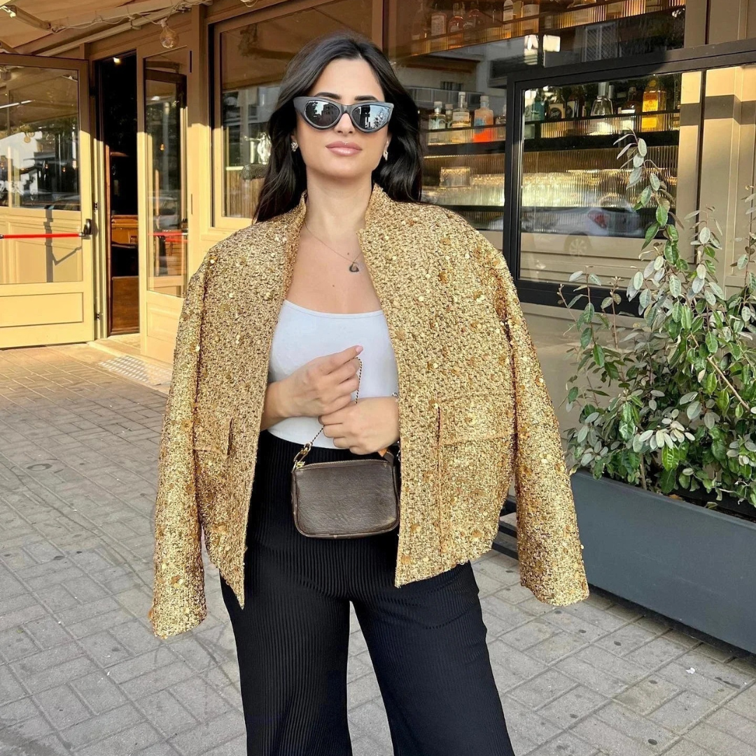 Dames Jas van Tweed met Gouden Pailletten – Esmée - Mavero
